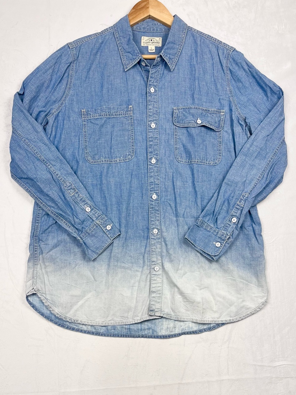 Lucky Brand Chambray Hemp Cotton Blend Button Front Shirt Blue Ombré Size Large